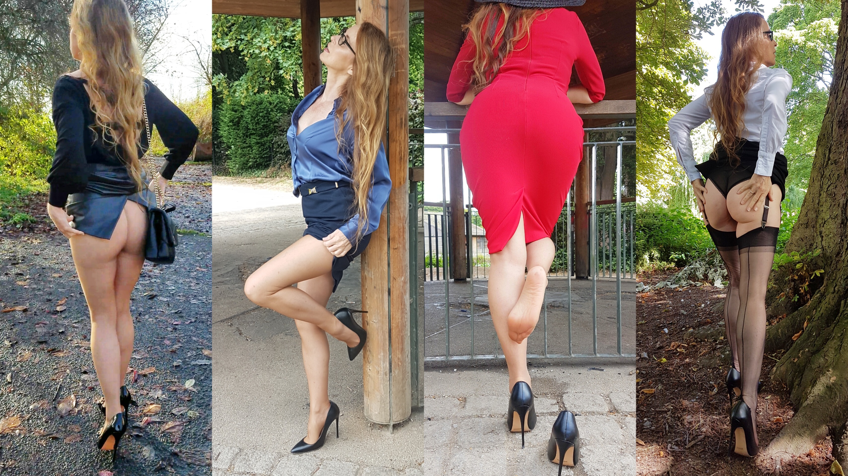 Heels, & hosiery outdoors with Sharon banner image